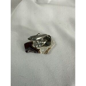 Pewter Dolphin Mounted Agate Mini Miniature Collectible Sea Ocean Silver STONE